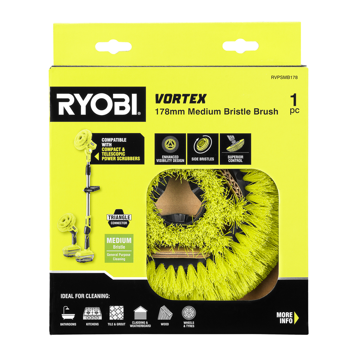Ryobi Power Scrubber Brush - 178mm Medium Bristle - Effective Stain Removal - SuperSaverAU - view 2