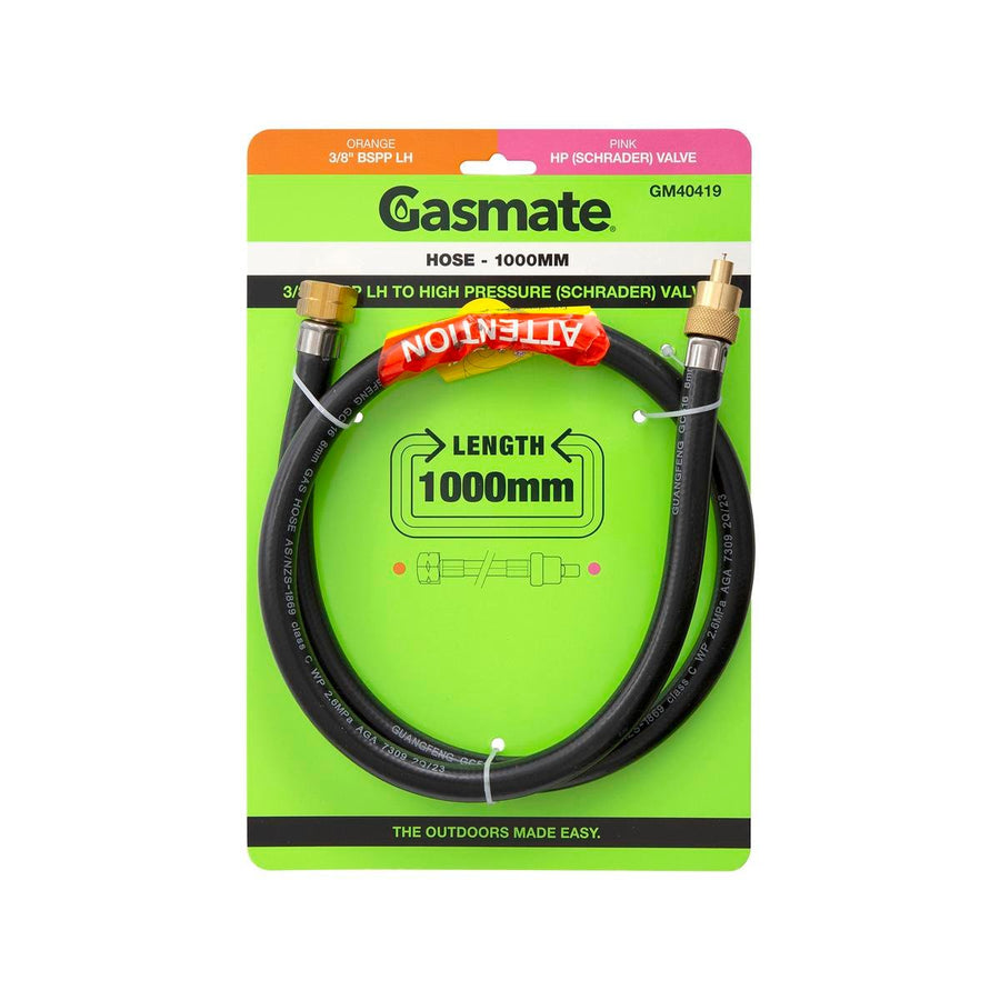 Gasmate Hose 1000mm 3/8" BSPP LH to High Pressure Schrader Valve - Durable Safety Connection - SuperSaverAU - view 1