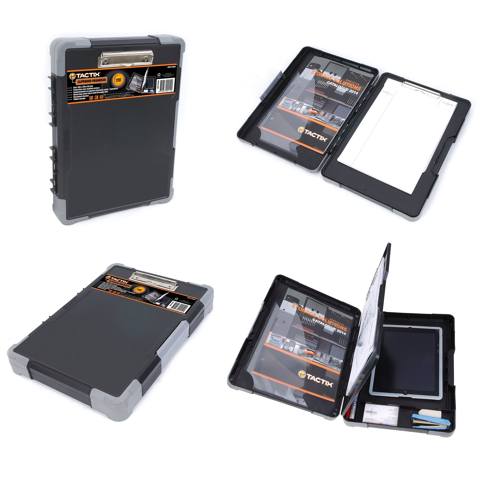 Tactix A4 Clipboard Organiser, Polypropylene and TPR, Document and Stationery Storage, Black and Grey