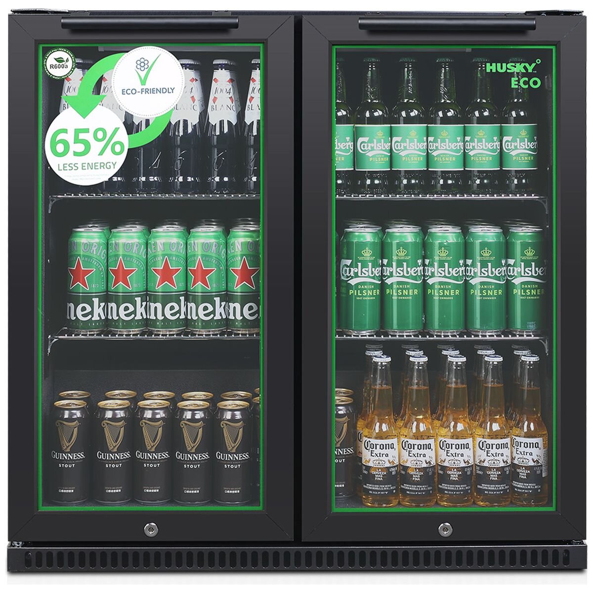 Husky 173L Eco Double Door Back Bar Drinks Chiller - Black, Electronic Controls, LED Lighting - C2HECO840BKAU