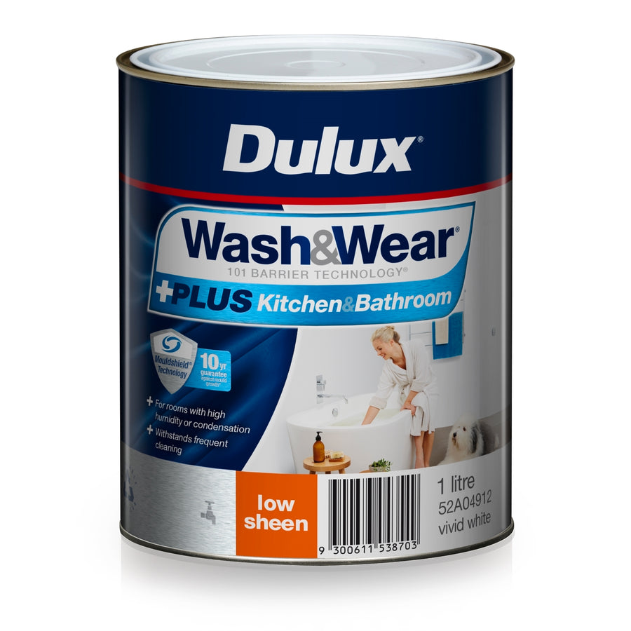 Dulux 1L Wash & Wear +PLUS Kitchen & Bathroom Low Sheen Interior Paint - Vivid White