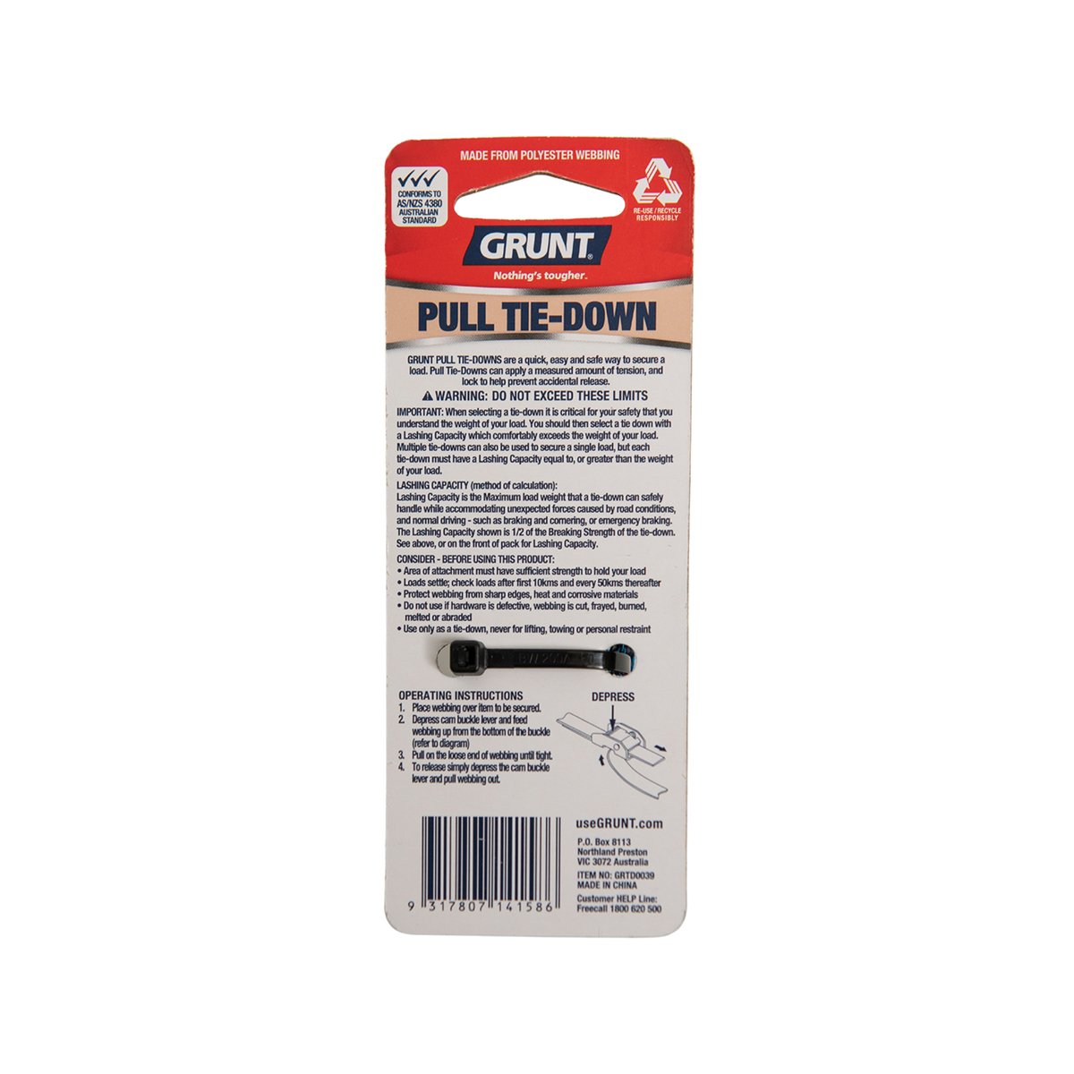 Grunt Pull Tie Down Strap - 25mm x 2m - Polyester - Light Duty - SuperSaverAU - view 2