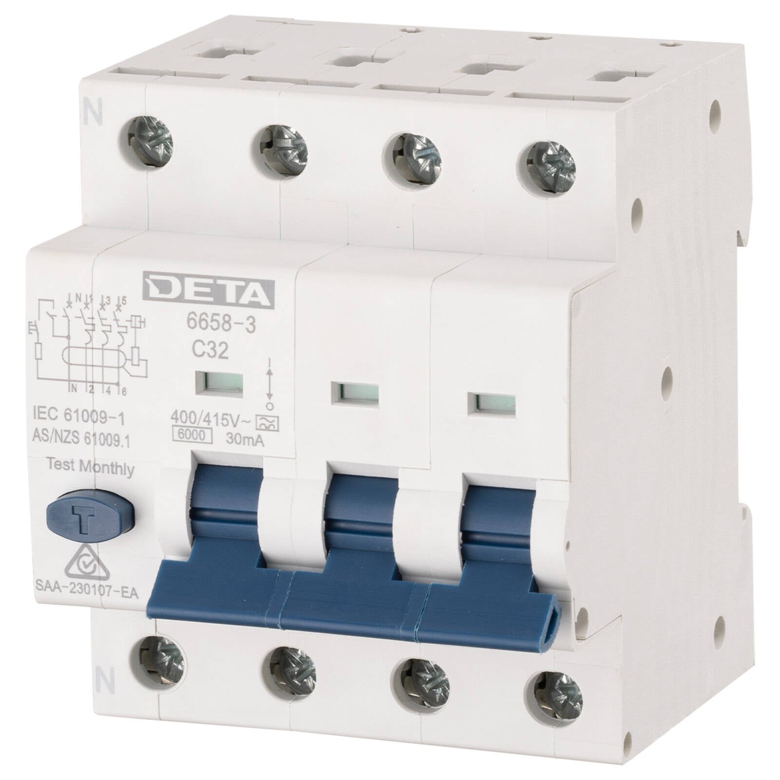 Deta 32A 3-Phase RCBO, 6kA 30mA
