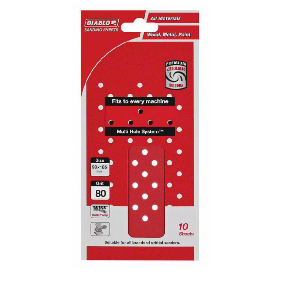 Diablo 93 x 185mm 80 Grit Hook & Loop Multihole Sanding Sheet - 10 Pack