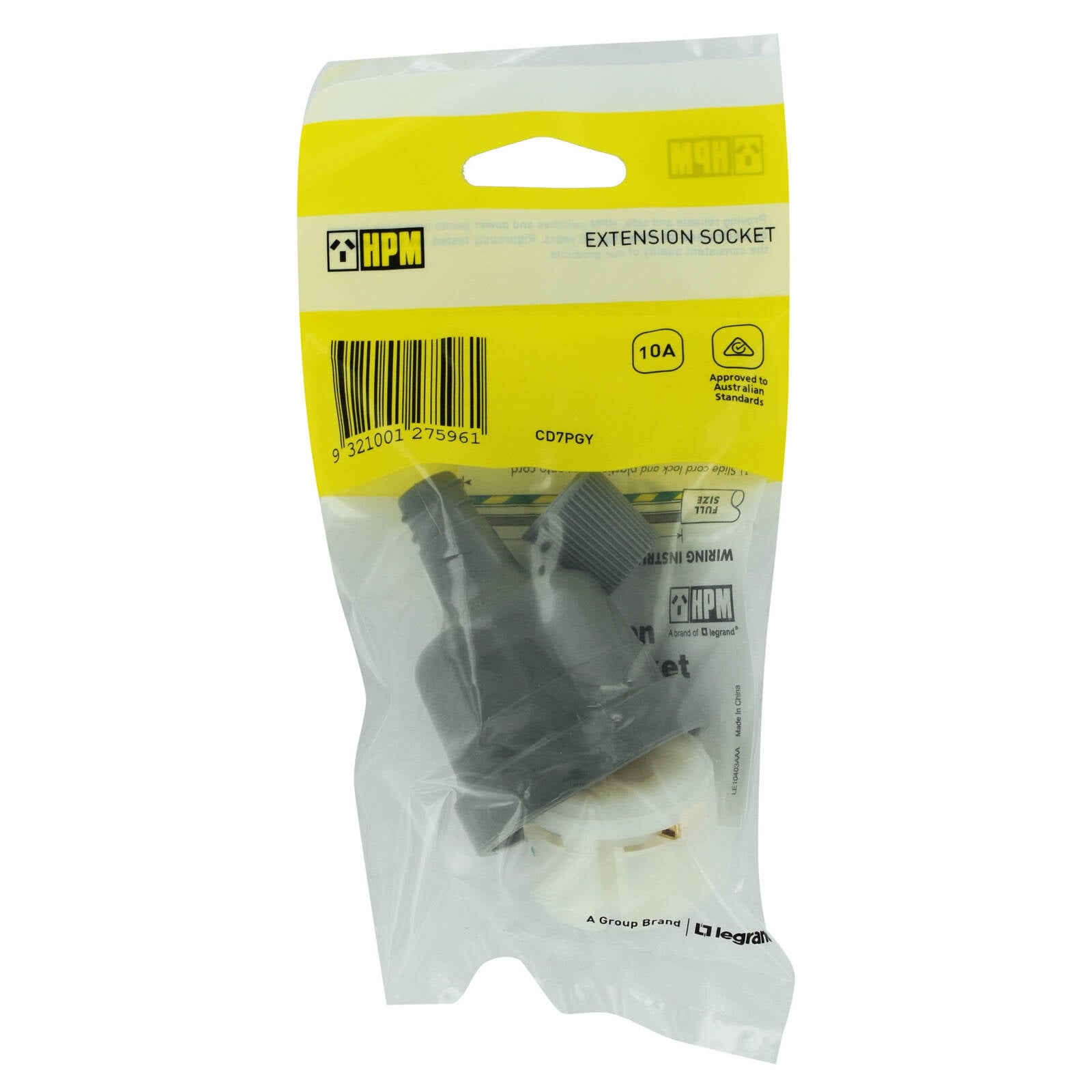 HPM 10A Rear Entry Extension Socket, Grey 8mm Cable