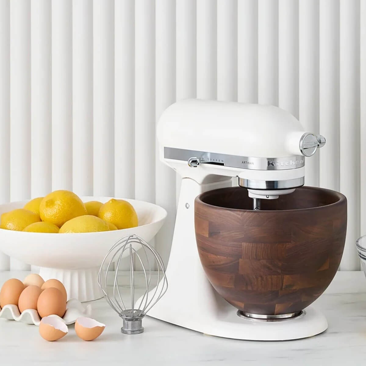 KitchenAid KSM156 Artisan Stand Mixer - Porcelain White, Walnut Wood Bowl, 10 Speeds - 5KSM156WBAPL