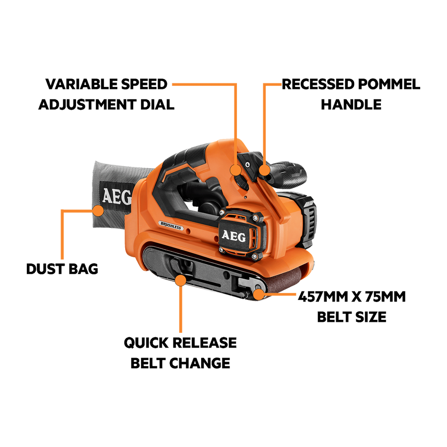 AEG 18V Brushless 75mm Belt Sander Skin Only BHBS18B-0
