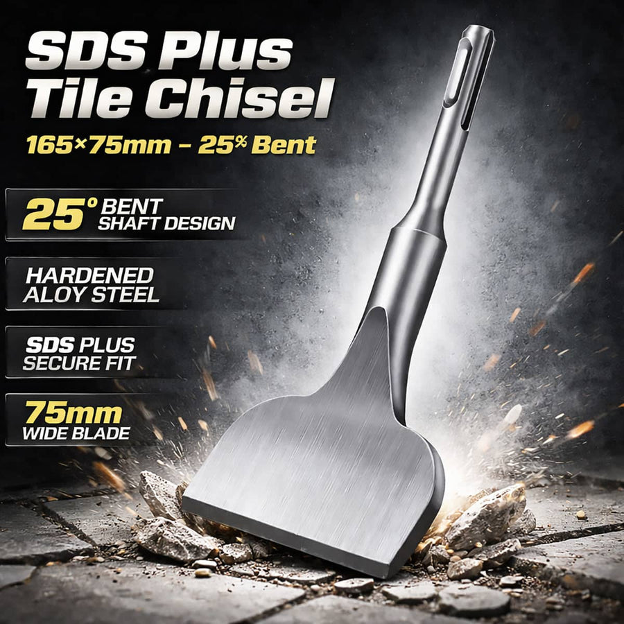75mm Wide SDS Plus Tile Chisel 25 Degree Bent Shaft for Concrete and Masonry Removal