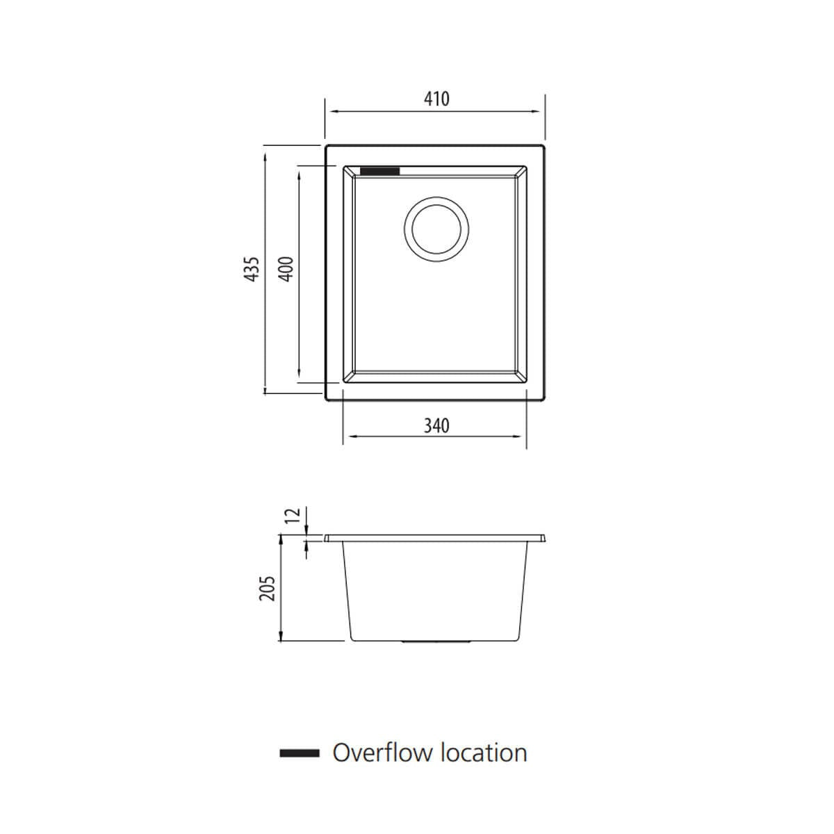 Oliveri undermount sink - 27L single bowl, black granite and quartz, overflow and taphole - ST-MB1530U-OF