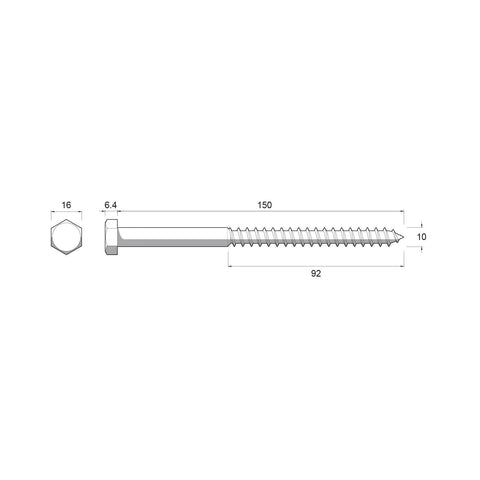Zenith M10 x 150mm Stainless Steel 304 Hex Head Coach Screw Coarse Thread