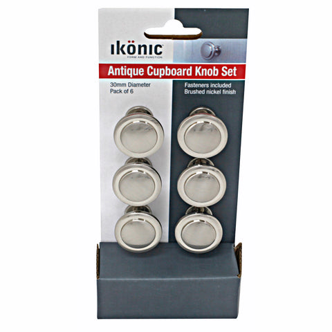 Ikonic Brushed Nickel Cupboard Knob Set, 6 Piece Metal Knobs for Cabinets