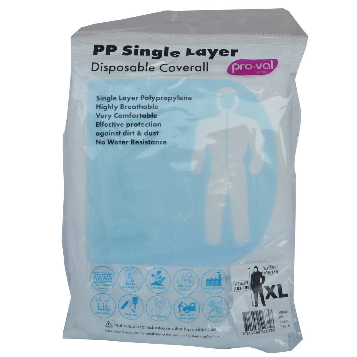 Pro Val Disposable Coverall XL - Single Layer Non-Woven Polypropylene - Breathable Protection