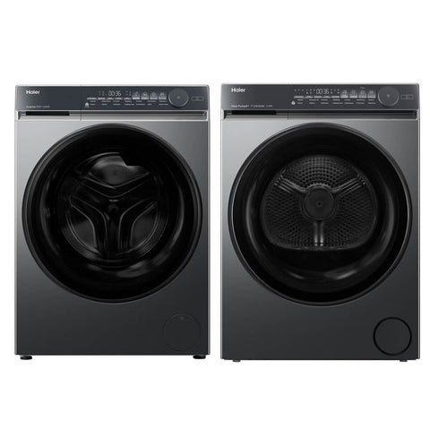 Haier 500 Series 9.5kg Front Load Washer & 8kg Heat Pump Dryer - Black - Ultra Quick 29 - HWFS95NB1HDHPS80NB1