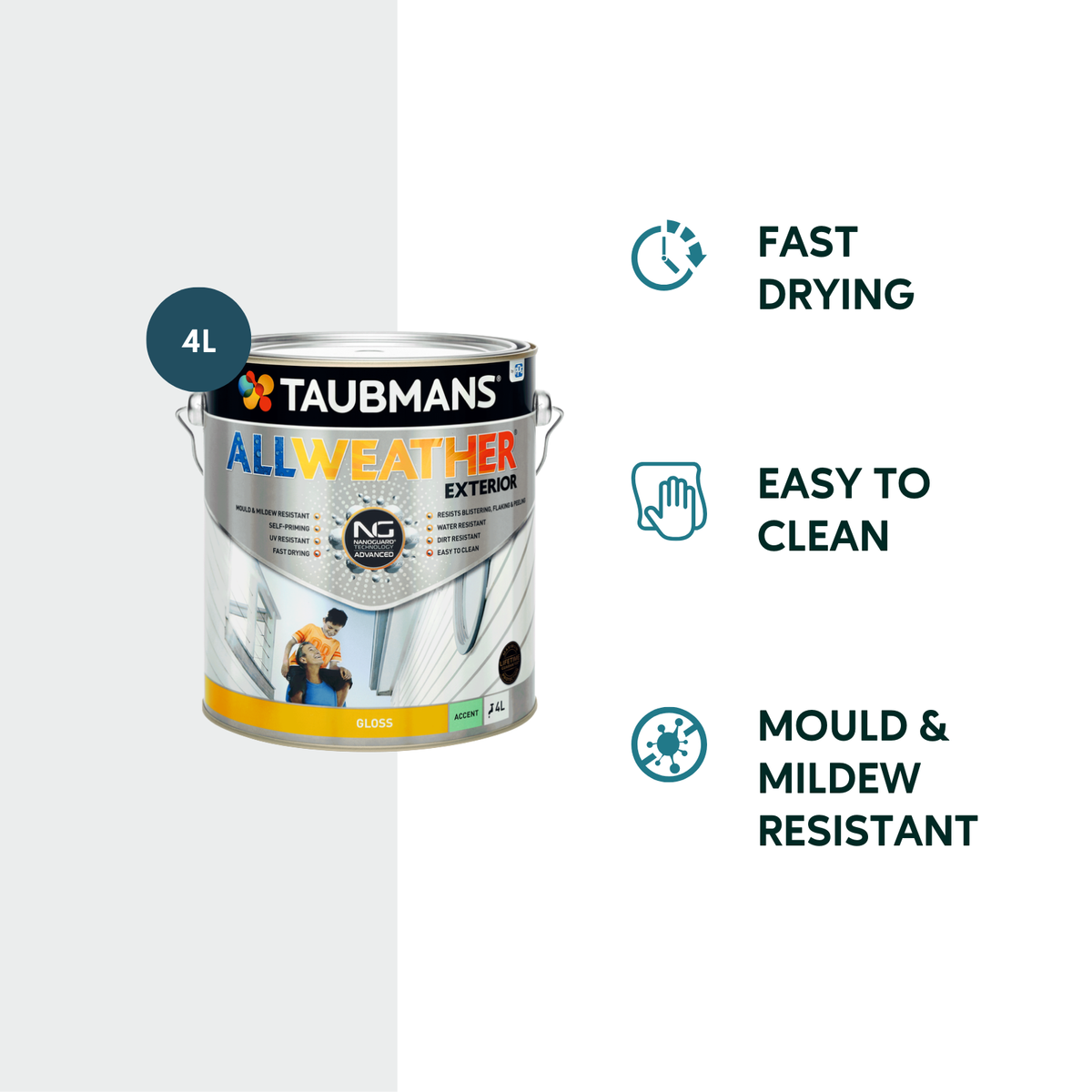 Taubmans 4L Accent Gloss All Weather Exterior Paint - Water Based - White - Mould Resistant - SuperSaverAU - view 2