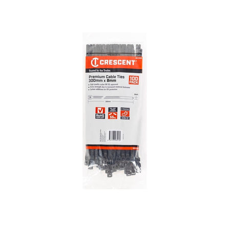Crescent Heavy Duty Cable Ties - 300 x 8mm - Black - 100 Pack - Nylon - UV Resistant - SuperSaverAU - view 1