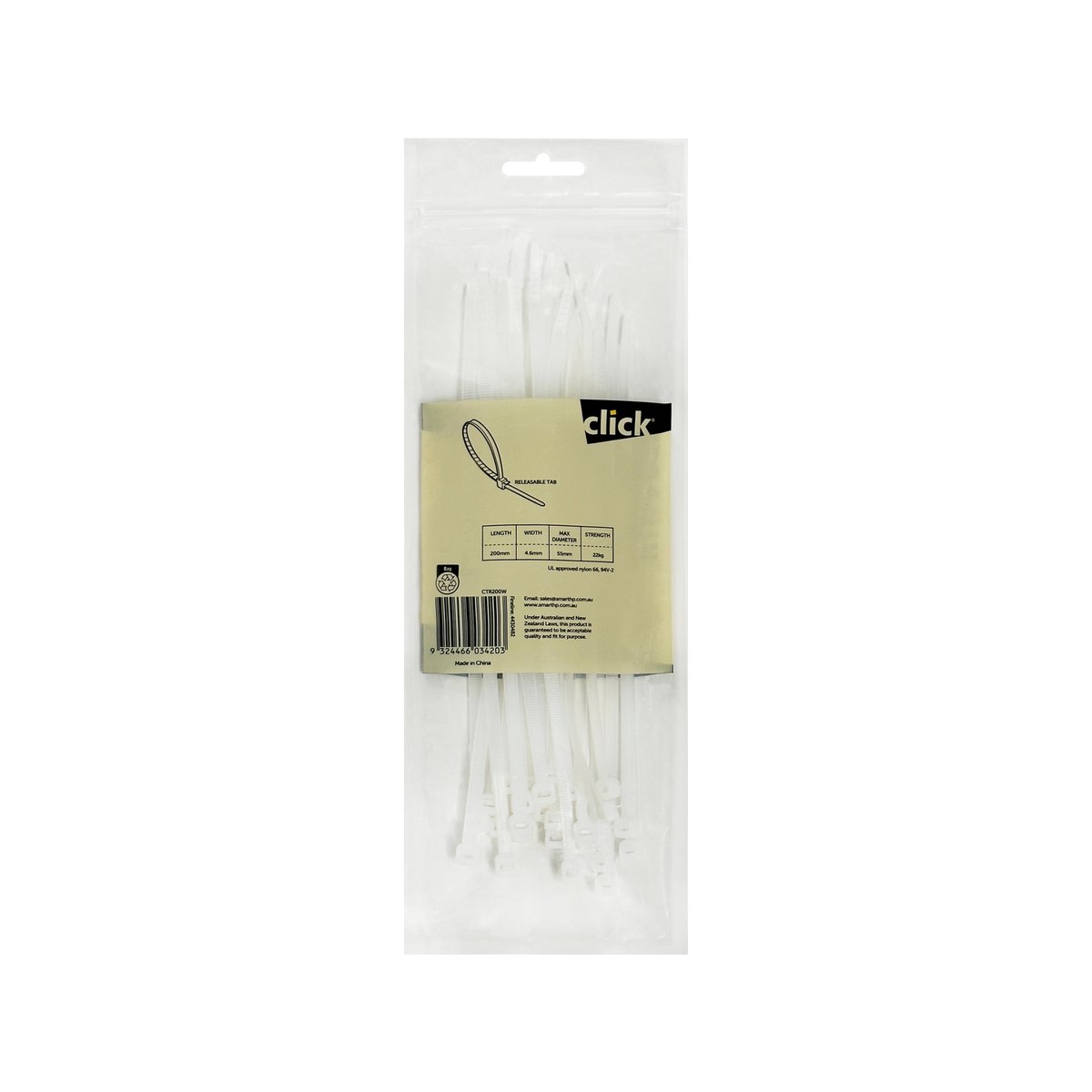 Click 200mm White Releasable Cable Tie 25 Pack - UV Resistant - Nylon