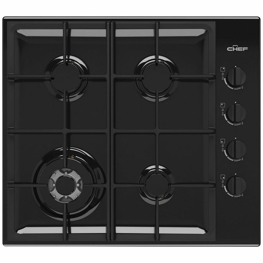 Chef 60cm Natural Gas Cooktop - Black Enamel, Wok Burner, Cast Iron Trivets, Electronic Ignition - CHG644DC