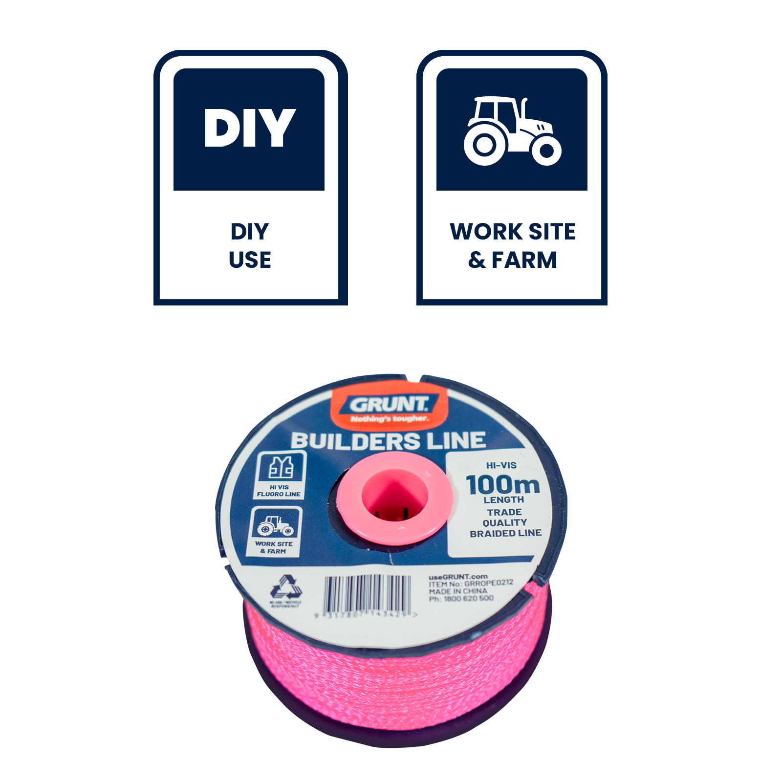 Grunt 100m Fluorescent Builders Line, High-Visibility Braided Nylon, Weather Resistant