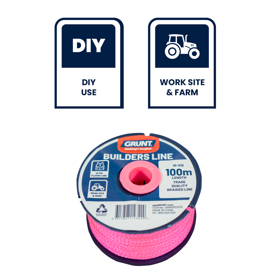 Grunt 100m Fluorescent Builders Line, High-Visibility Braided Nylon, Weather Resistant