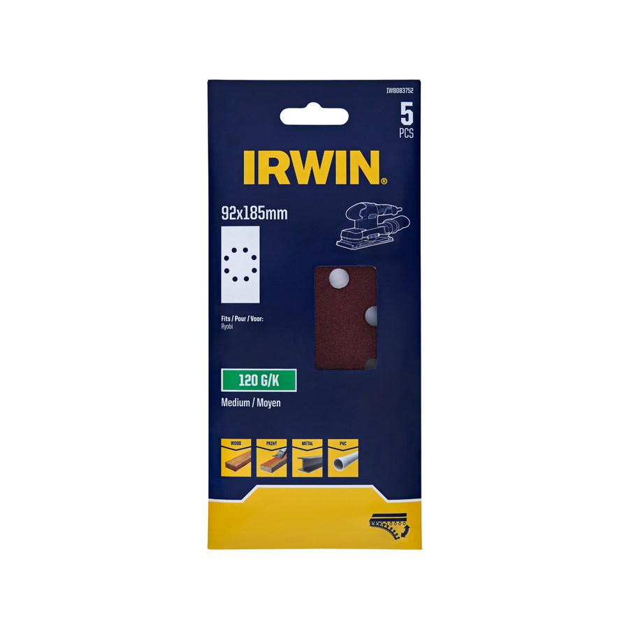 Irwin 92 x 185mm Orbital Sheets 5 Pack - 120 Grit - Aluminium Oxide - Smoothing - SuperSaverAU - view 1