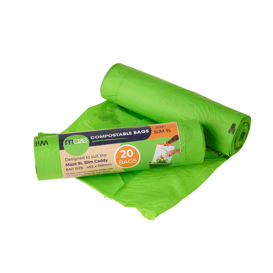 Maze 9L Slim Compostable Bags, 20 Pack, Starch-Based, Green