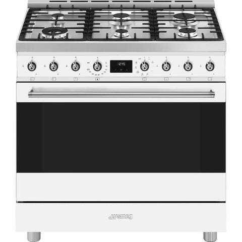 Smeg 90cm Classic Dual Fuel Freestanding Oven - White, Six Burners, 126L Capacity - CS9GMWHA2