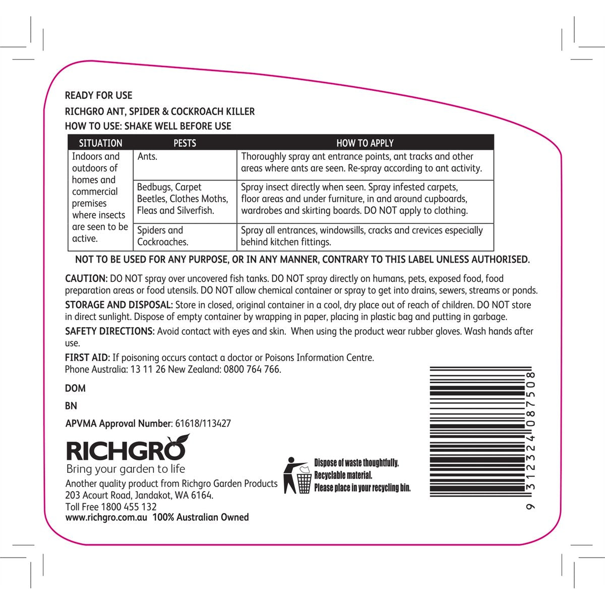 Richgro Ready to Use Ant Spider and Cockroach Killer 1L Liquid - SuperSaverAU - view 2