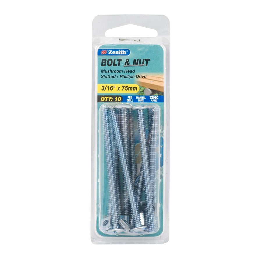 Zenith Mushroom Head Bolt & Nut - 3/16 x 75mm - 10 Pack - Zinc Plated - SuperSaverAU - view 1