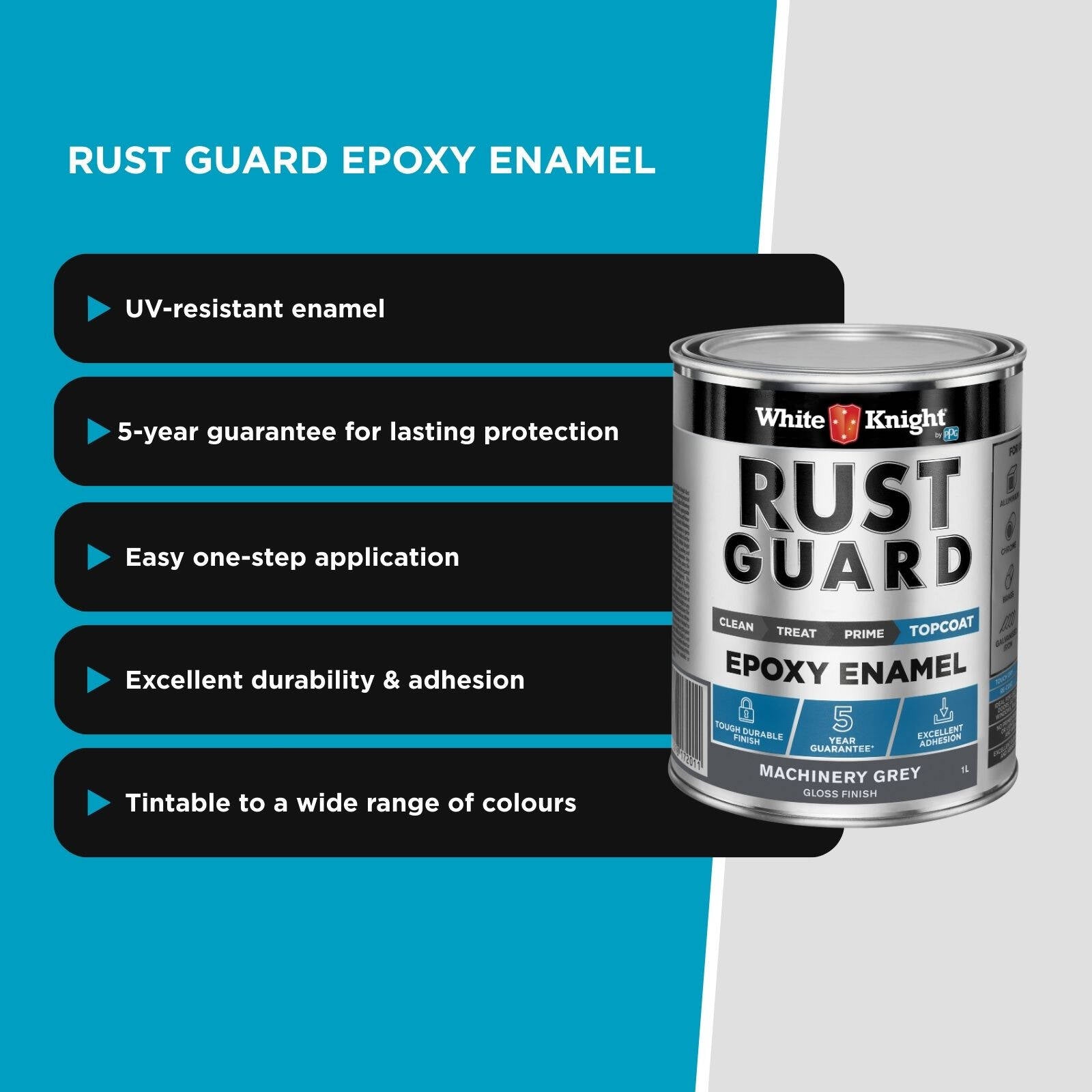 White Knight Rust Guard Epoxy Enamel Paint 1L - Machinery Grey Gloss, Solvent Based Metal Paint