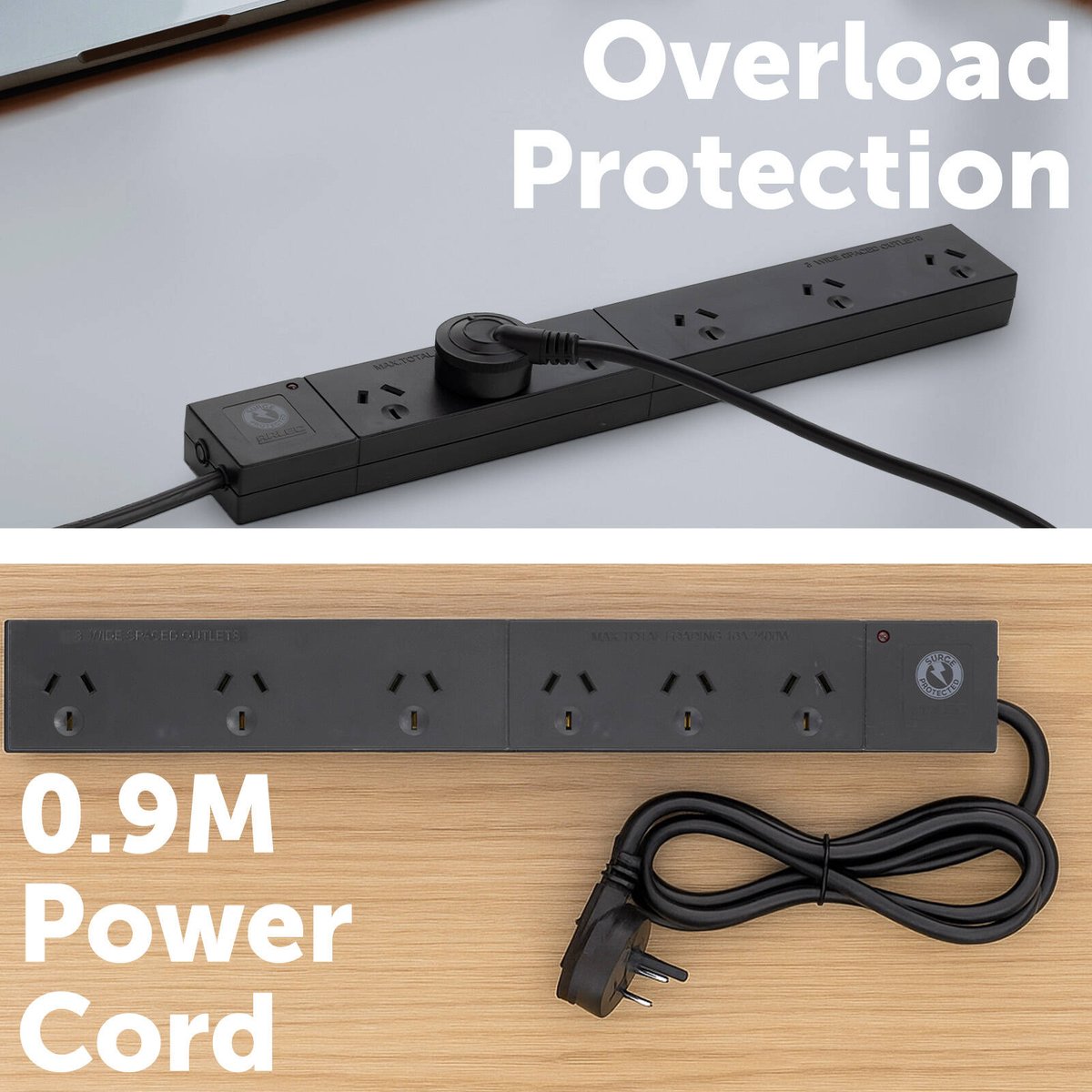 Arlec 6 Outlet Surge Protected Powerboard 380mm - Black - Wide Spaced - SuperSaverAU - view 2