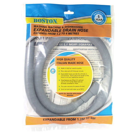 Boston 1.2-4m Grey PVC Expandable Washing Machine and Dishwasher Drain Hose