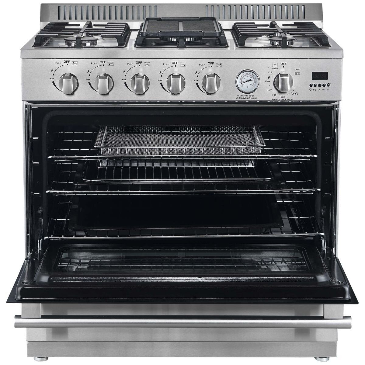 Trinity 90cm Natural Gas Freestanding Oven 132L - Stainless Steel, Air Fry, Rotisserie, Wok Burner - TRFSGO901