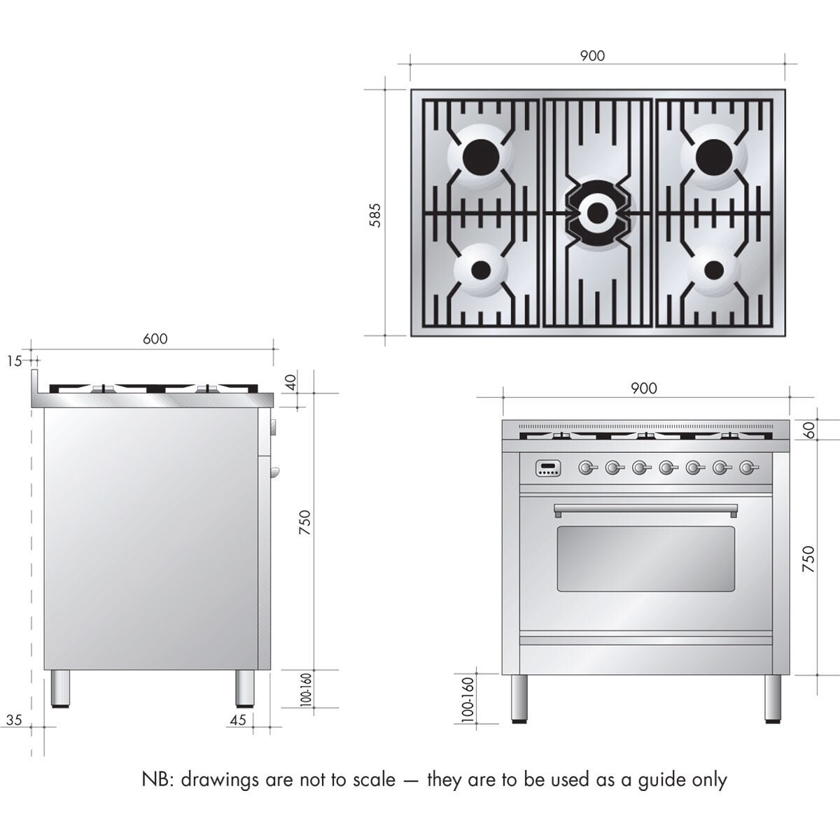 ILVE 90cm Dual Fuel Freestanding Cooker 110L - 5 Gas Burners, Stainless Steel - JV90CSVP/I