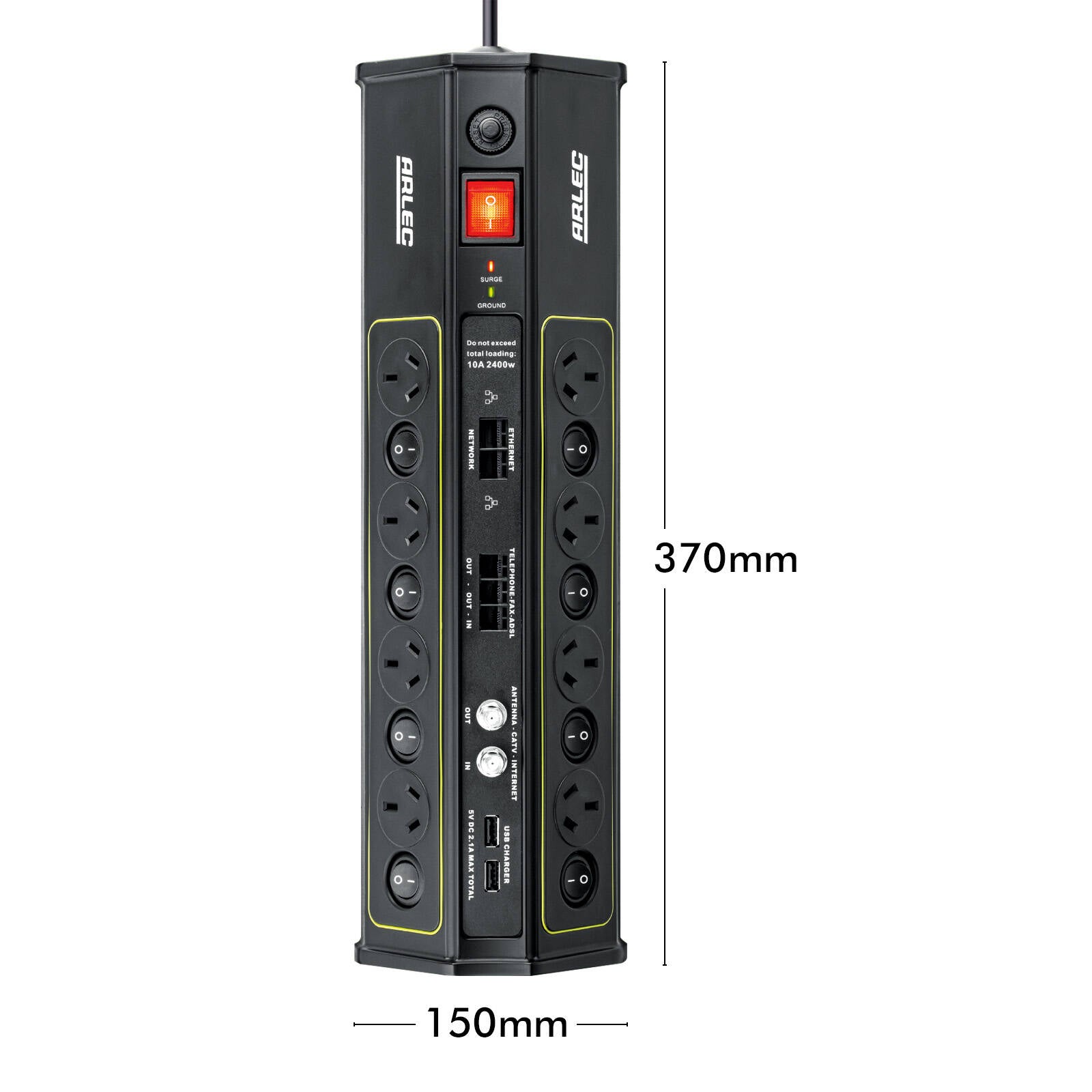 Arlec 8 Outlet Surge Protected Powerboard with USB, CAT6 and ADSL