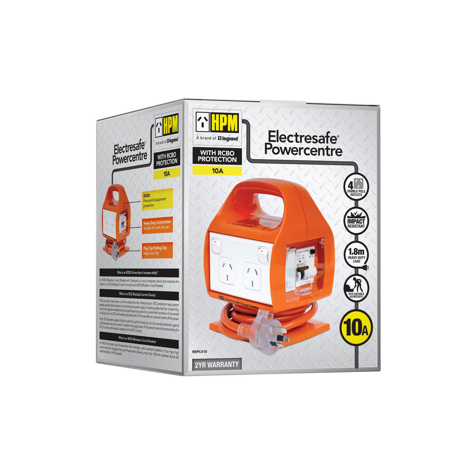 HPM Electresafe 10A Power Centre with RCD Safety Switch, Orange