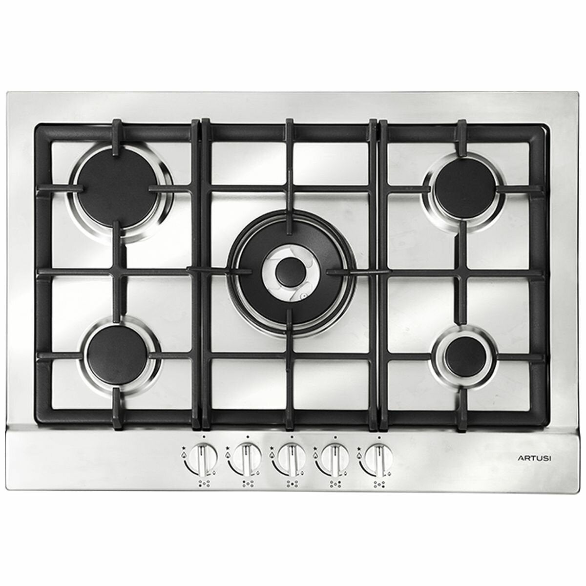 Artusi 72cm natural gas cooktop - 5 burners with wok, cast iron trivets, stainless steel - AGH71XFFD