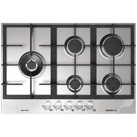 Glem Gas 75cm Natural Gas Cooktop - Stainless Steel, Five Burners, Wok Burner, Flame Failure - GTD75AU
