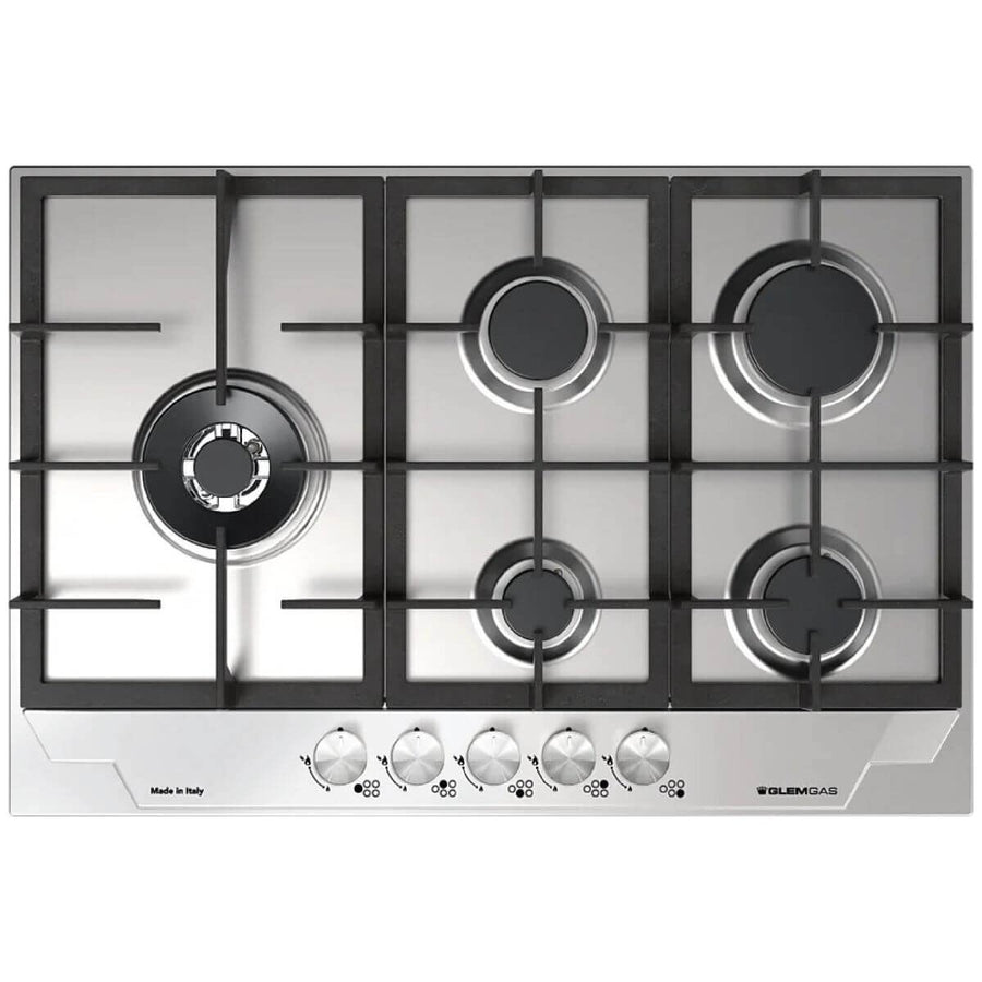Glem Gas 75cm Natural Gas Cooktop - Stainless Steel, Five Burners, Wok Burner, Flame Failure - GTD75AU