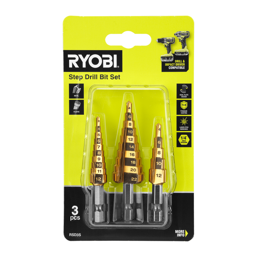 Ryobi 3 Piece Step Drill Bit Set - 5 Step (4mm-12mm) & 10 Step (3mm-22mm) - Titanium Nitride Coating - Precision Drilling - SuperSaverAU - view 1