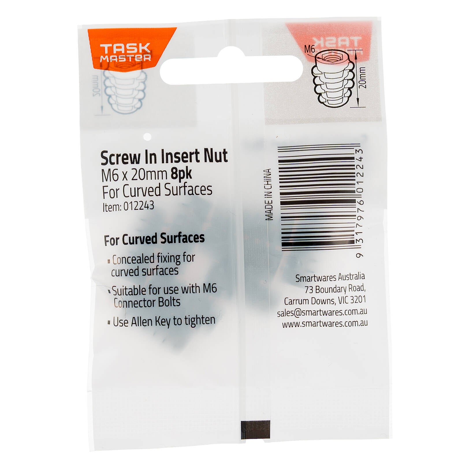 Taskmaster M6 x 20mm Metal Screw-In Insert Nut Curved Surfaces 8 Pack