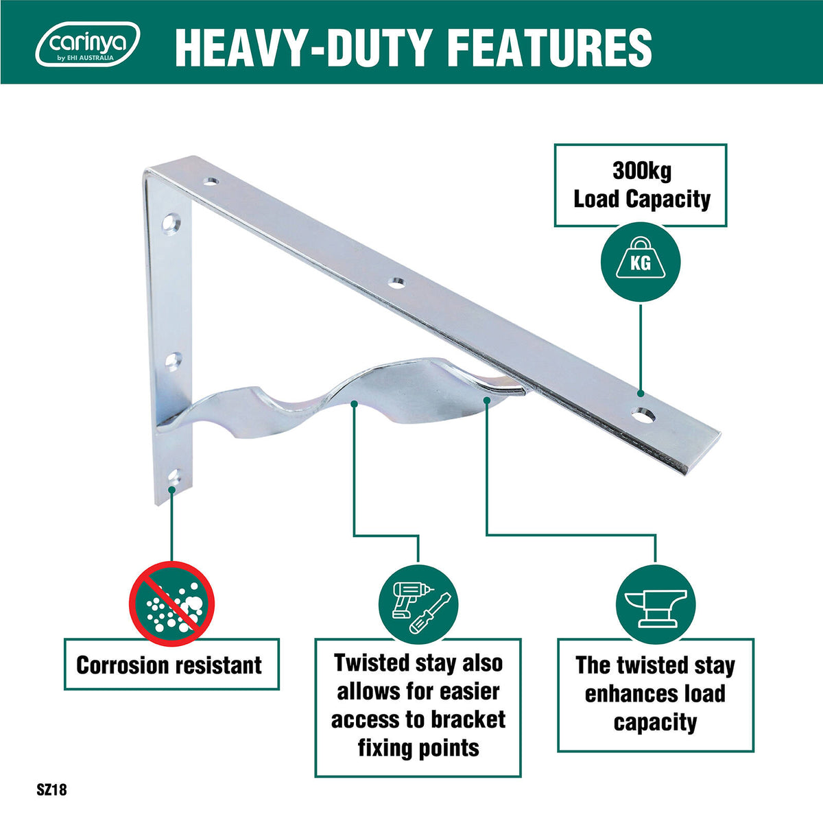 Carinya 250 x 200mm Zinc Plated Steel Heavy Duty Twisted Stay Bracket, 300kg