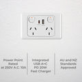 Deta 6000 Double Power Point with USB A+C PD20W Fast Charging - 250V - White - Efficient Charging for Multiple Devices - SuperSaverAU - view 2