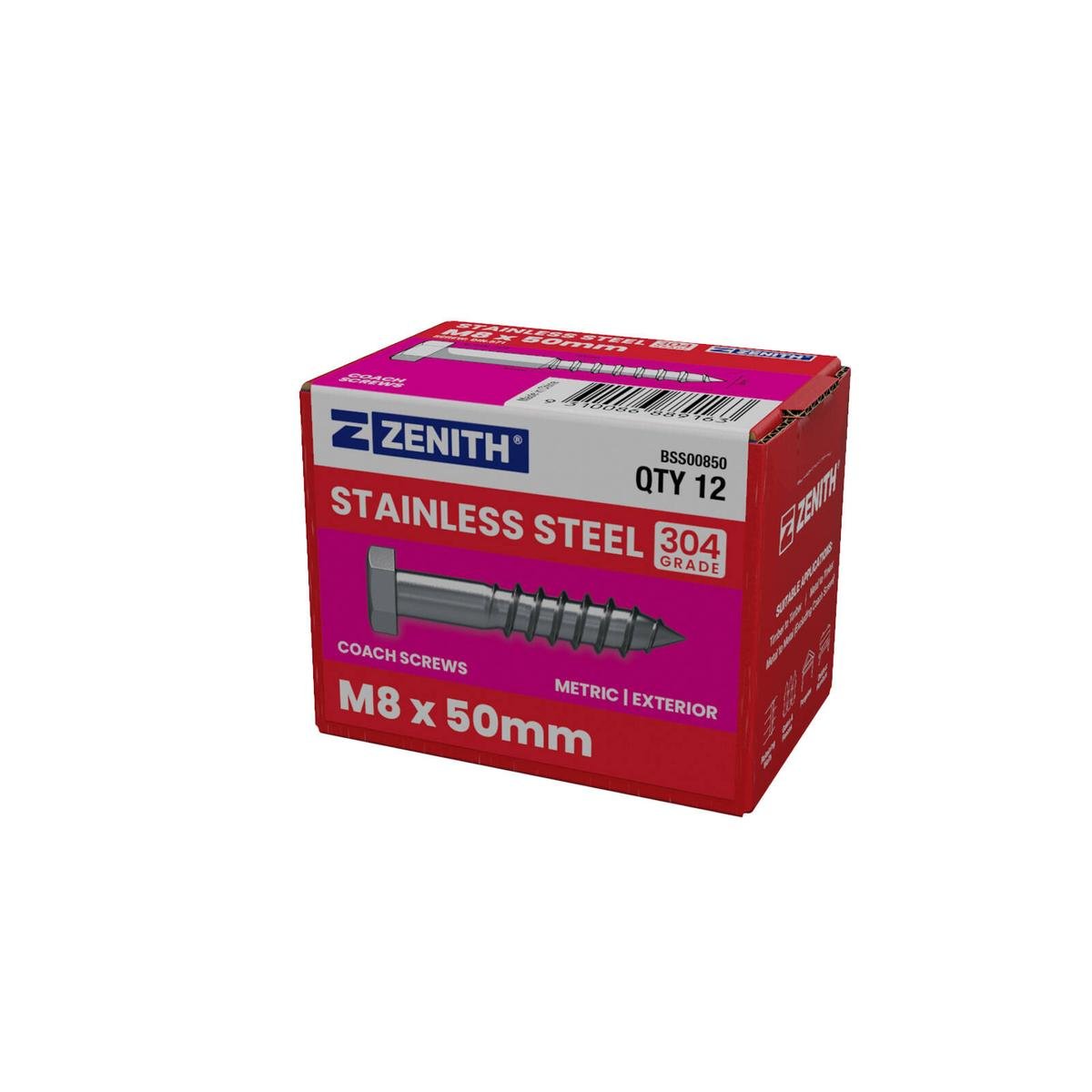 Zenith Coach Screws - M8 x 50mm - Stainless Steel 304 - Heavy Duty - 12 Pack - SuperSaverAU - view 1