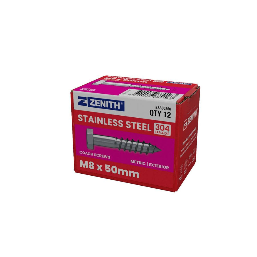Zenith Coach Screws - M8 x 50mm - Stainless Steel 304 - Heavy Duty - 12 Pack - SuperSaverAU - view 1