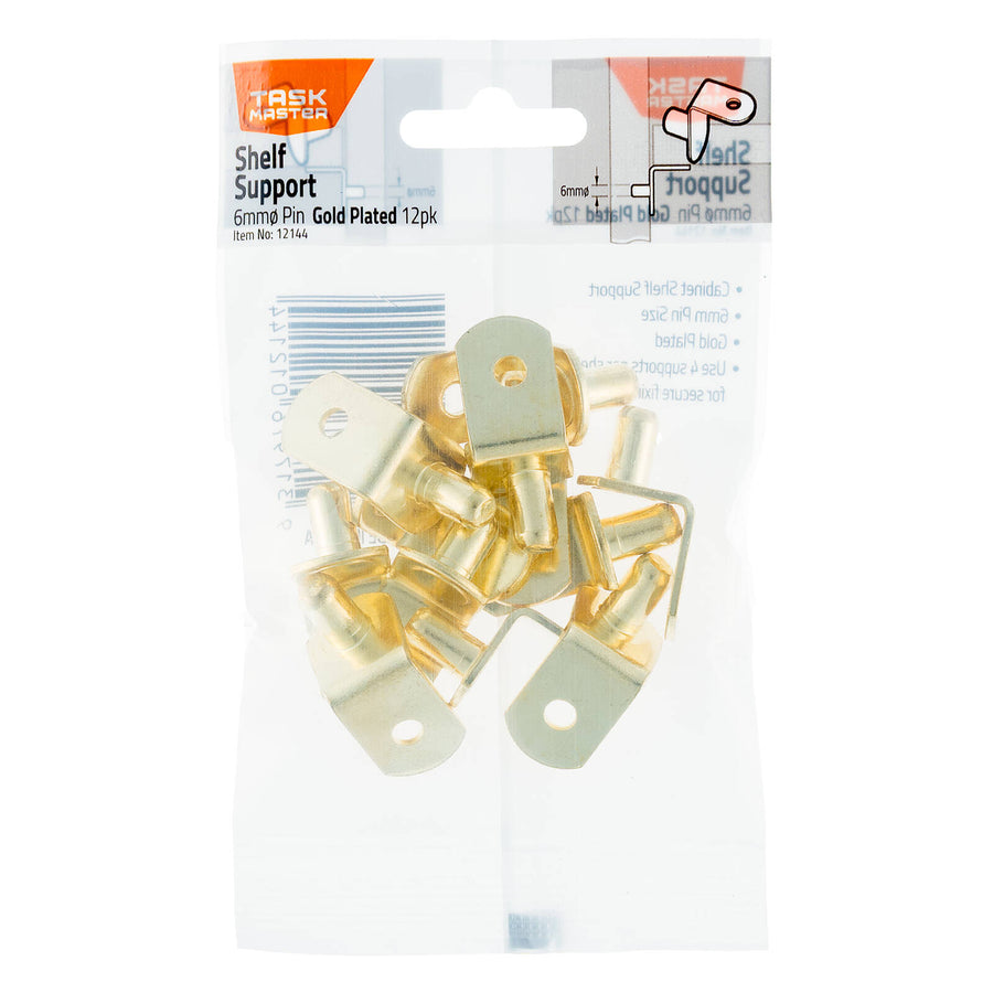 Taskmaster 6mm Pin Gold Plated Nickel Shelf Supports 12 Pack