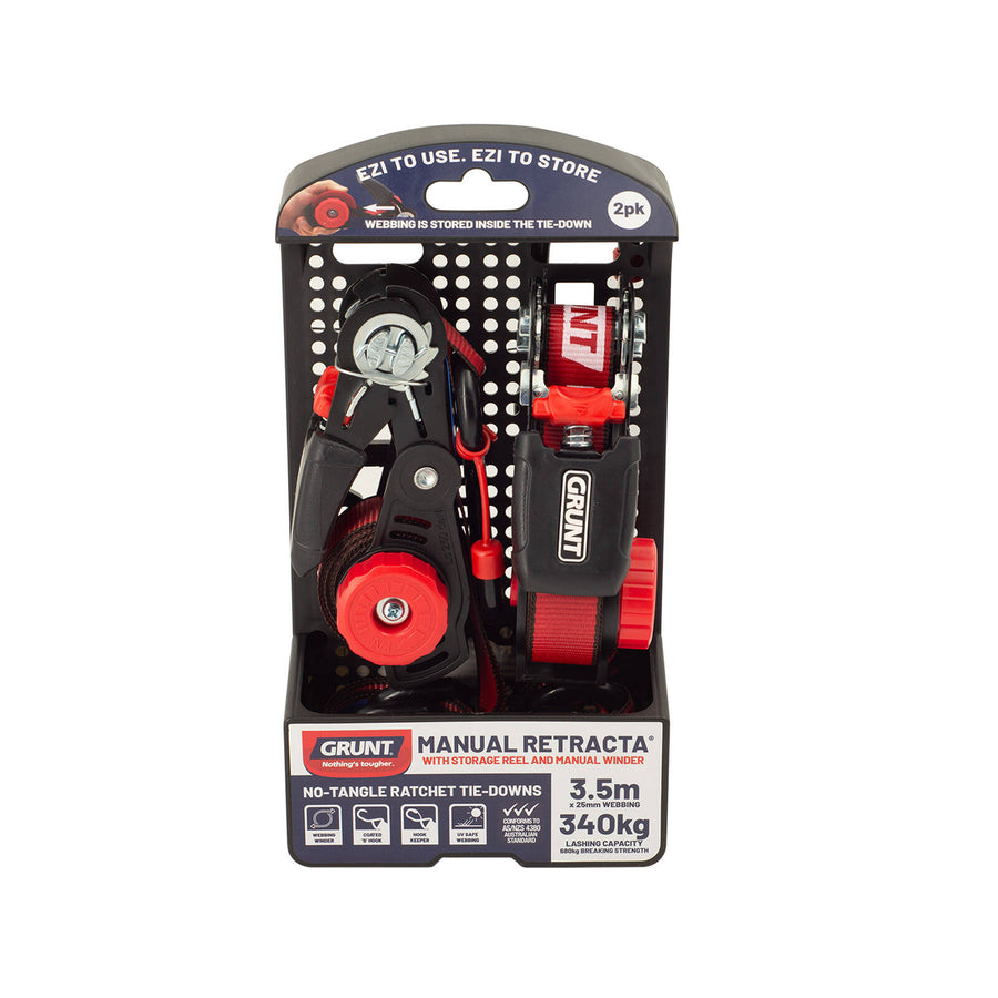 Grunt 25mm x 3.5m Polyester Retractable Tie Down Ratchet - 2 Pack