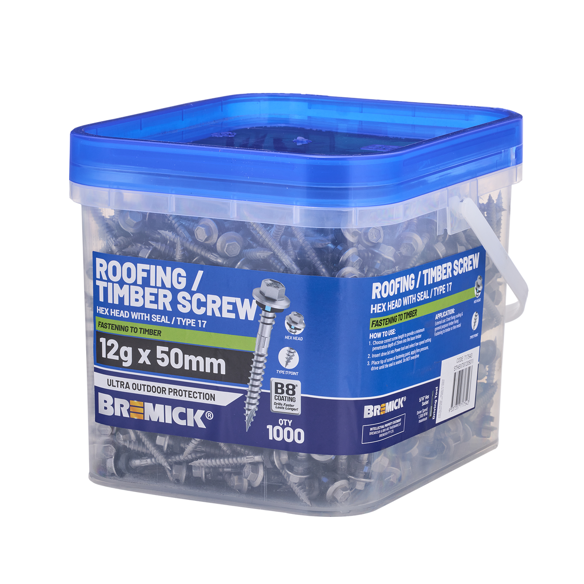 Bremick Hex Roofing Screw - 12g x 50mm - 1000 Box - Watertight Seal - Corrosion Resistant - SuperSaverAU - view 1