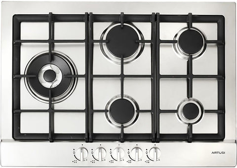 Artusi natural gas cooktop - 5 burners with wok, cast iron trivets, stainless steel - AGH70XFFD