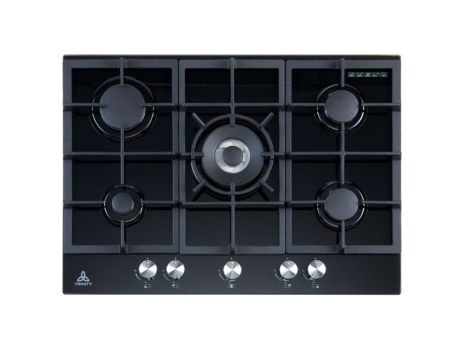 Trinity 70cm 5 Burner Gas Cooktop - Black Tempered Glass - Wok Burner - Cast Iron Trivets - TRG700BK