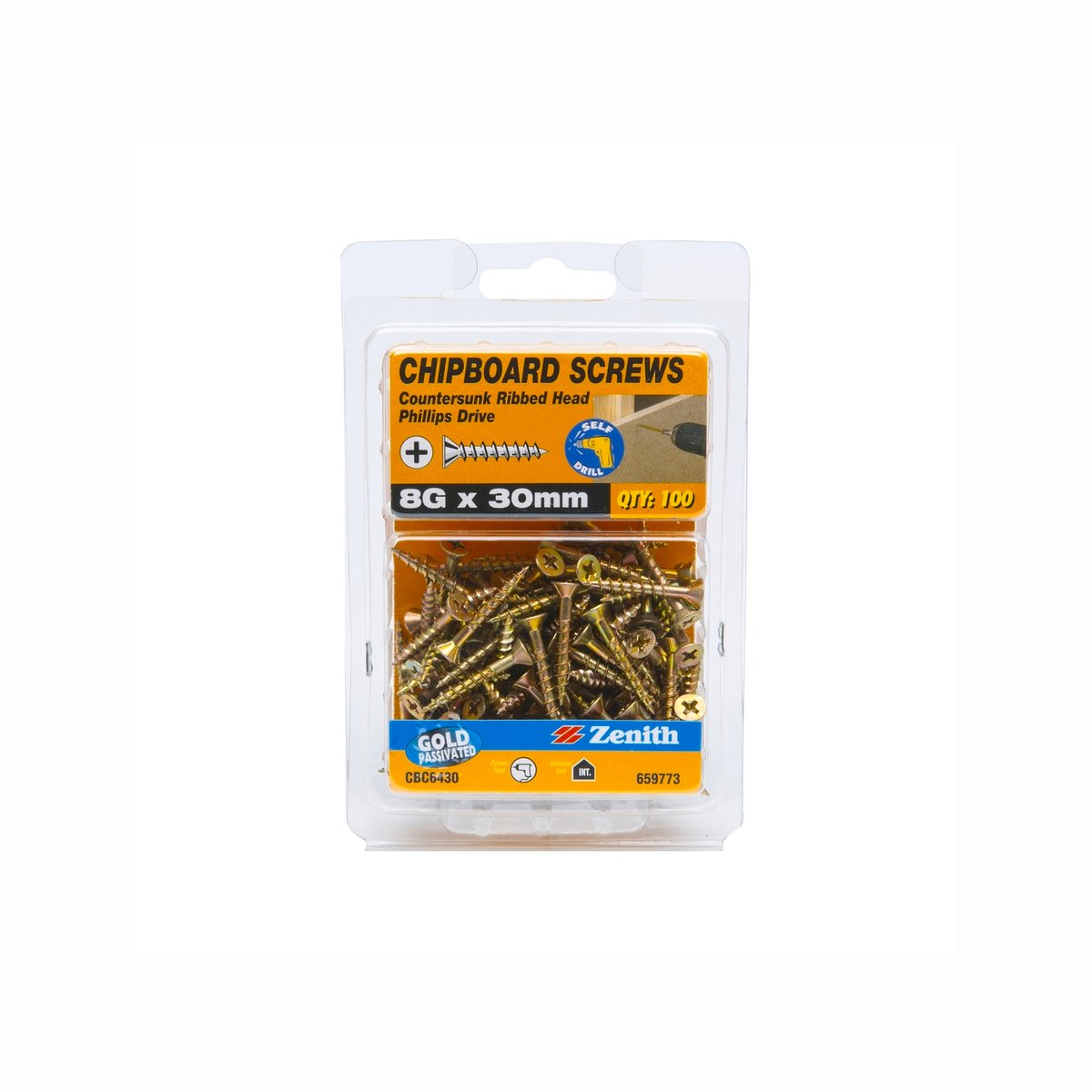 Zenith 8g Chipboard Screws - Countersunk Rib Head - 30mm - Gold - 100 Pack - SuperSaverAU - view 2